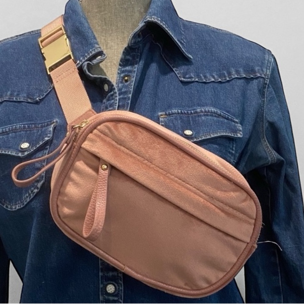 Indigo Blush Velour Crossbody Fanny Pack with Gold Hardware, Stylish & Trendy